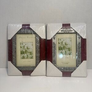 VINTAGE FLOMO Ornate Burgundy Silver Photo Frames Pair 4x6 Vertical Horizontal